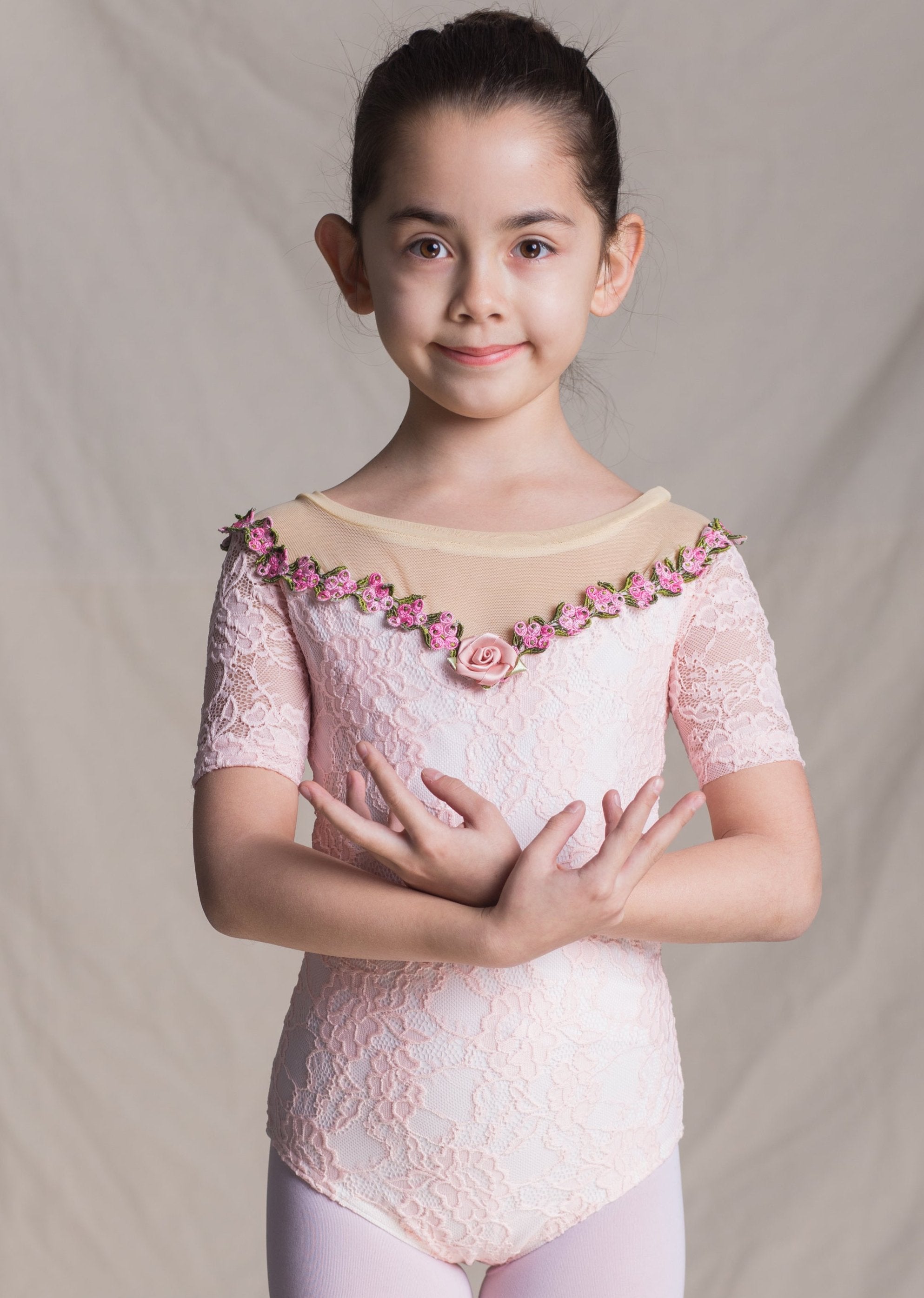 Children Collection: Aurora Leotard- Lace Short Sleeves Leotard with Rose Neckline pink front