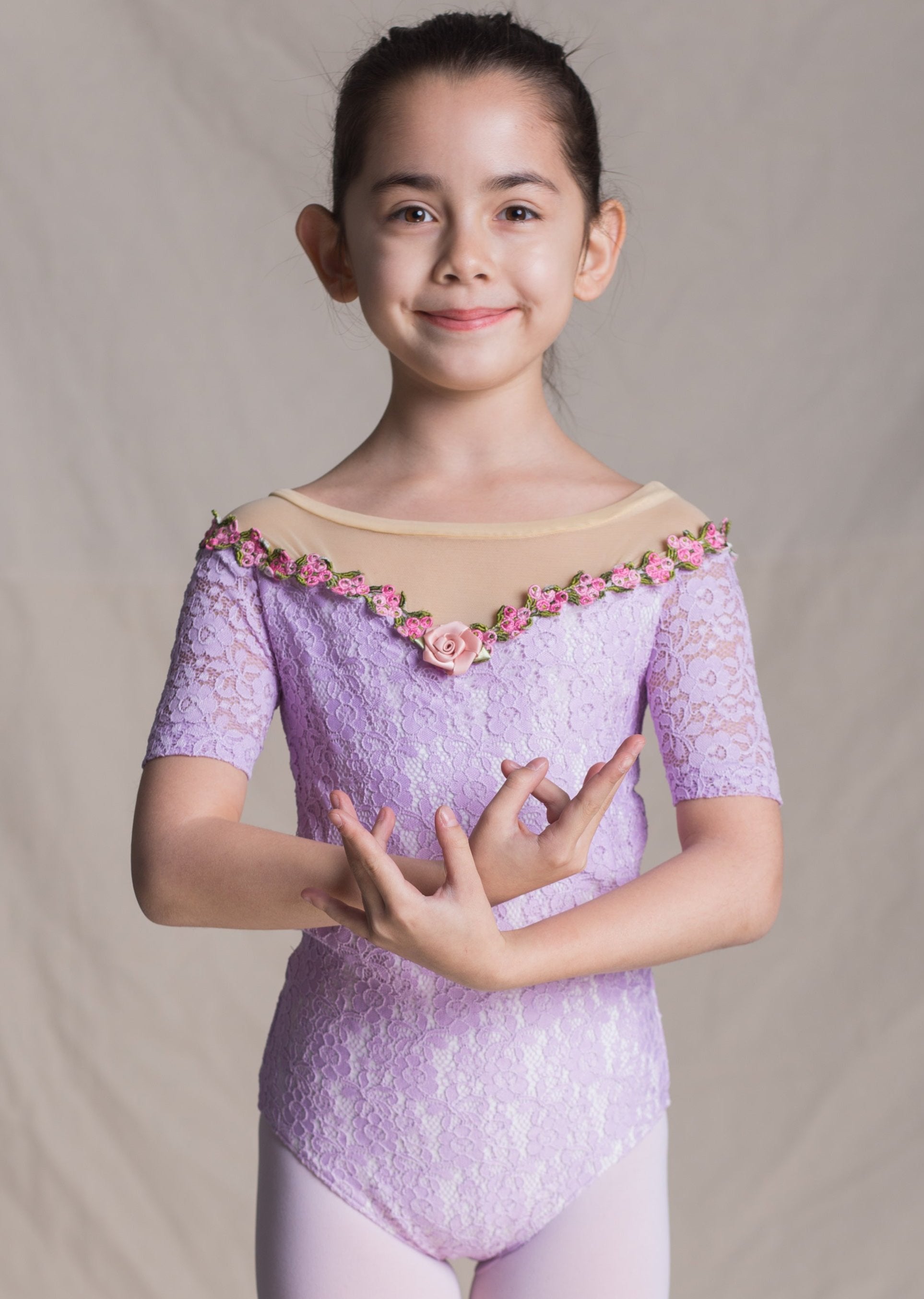 Children Collection: Aurora Leotard- Lace Short Sleeves Leotard with Rose Neckline purple front