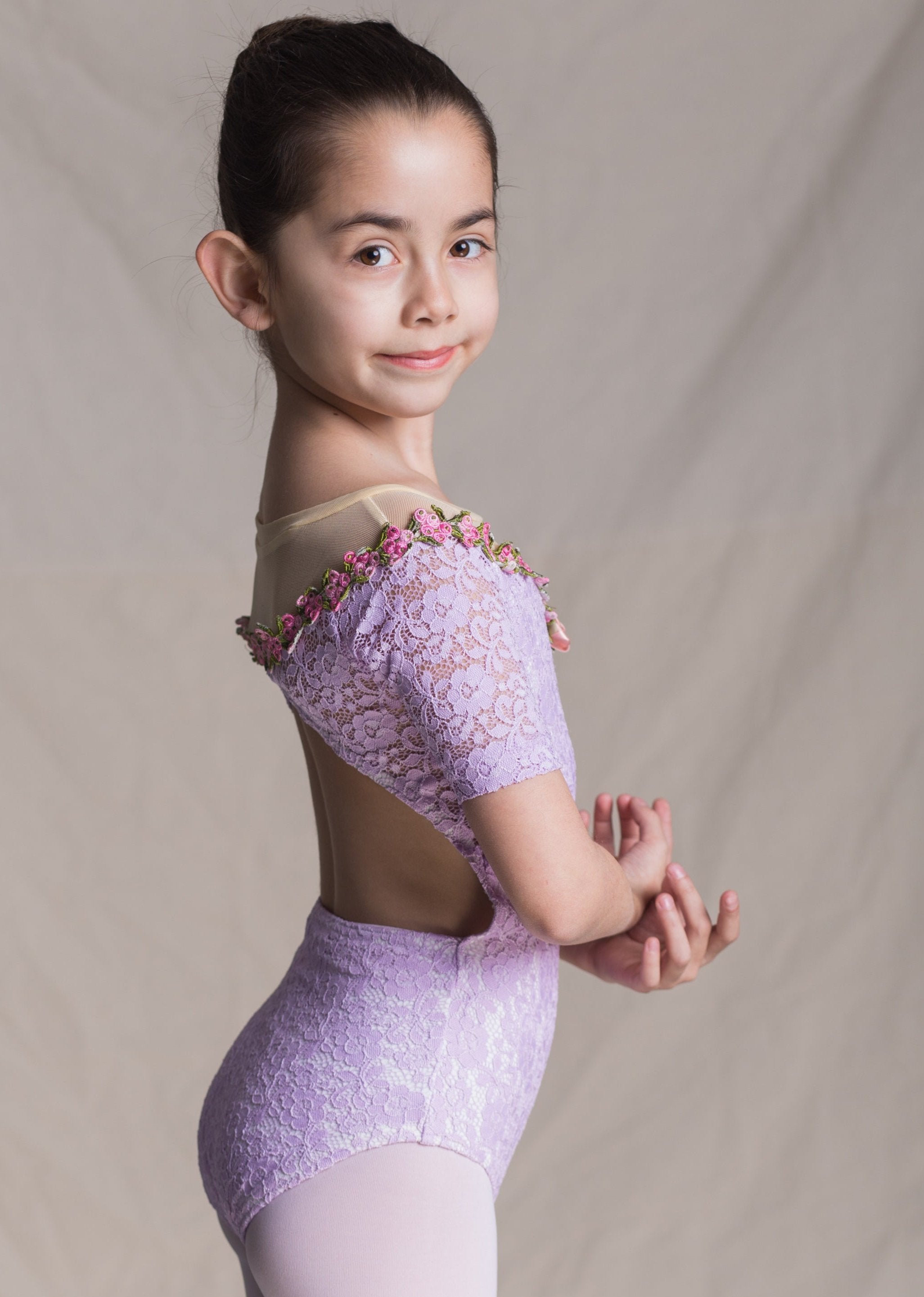 Children Collection: Aurora Leotard- Lace Short Sleeves Leotard with Rose Neckline purple side