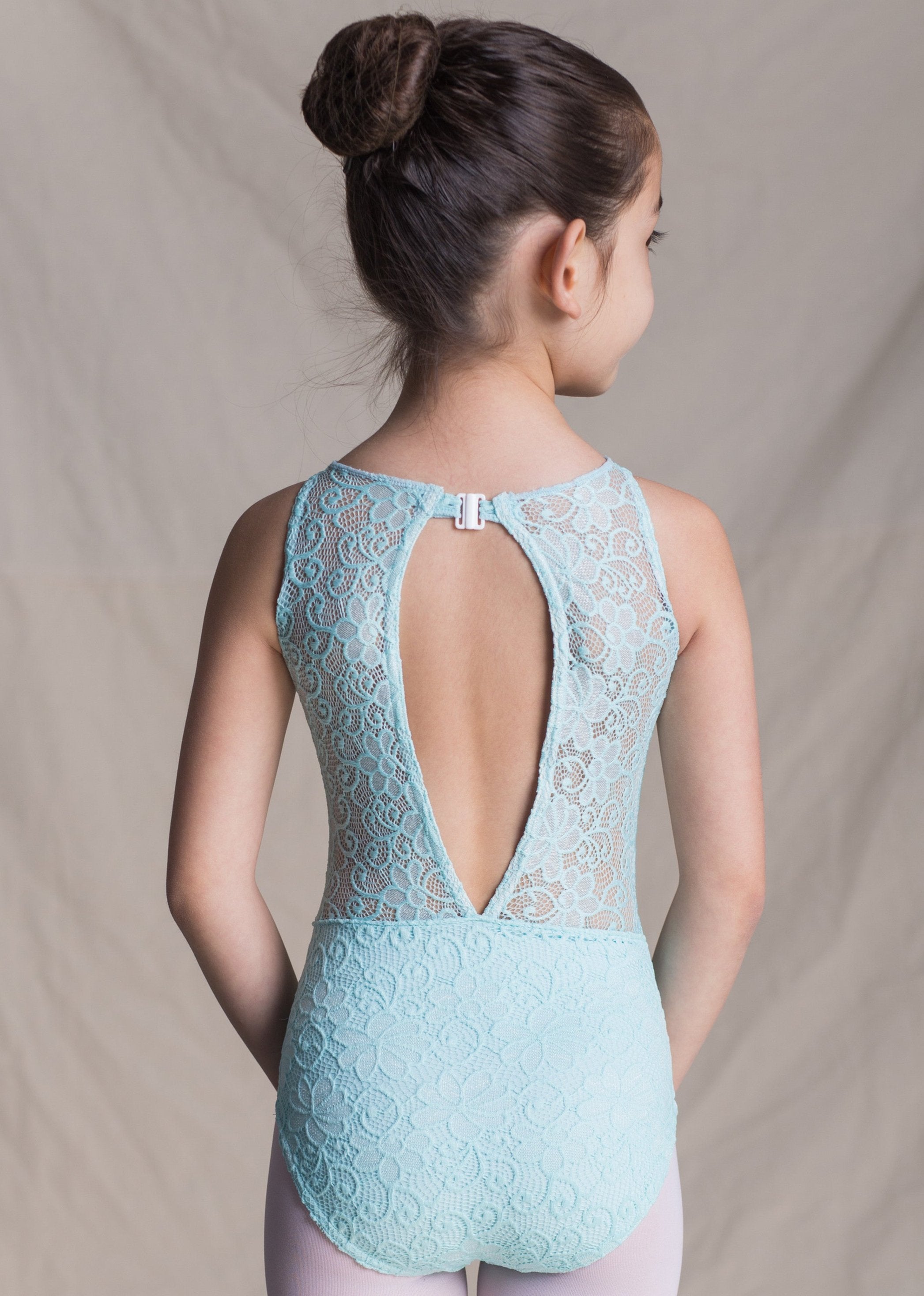 Children collection: Aphrodite Leotard-Heart-Shaped Full Lace Leotard baby blue back