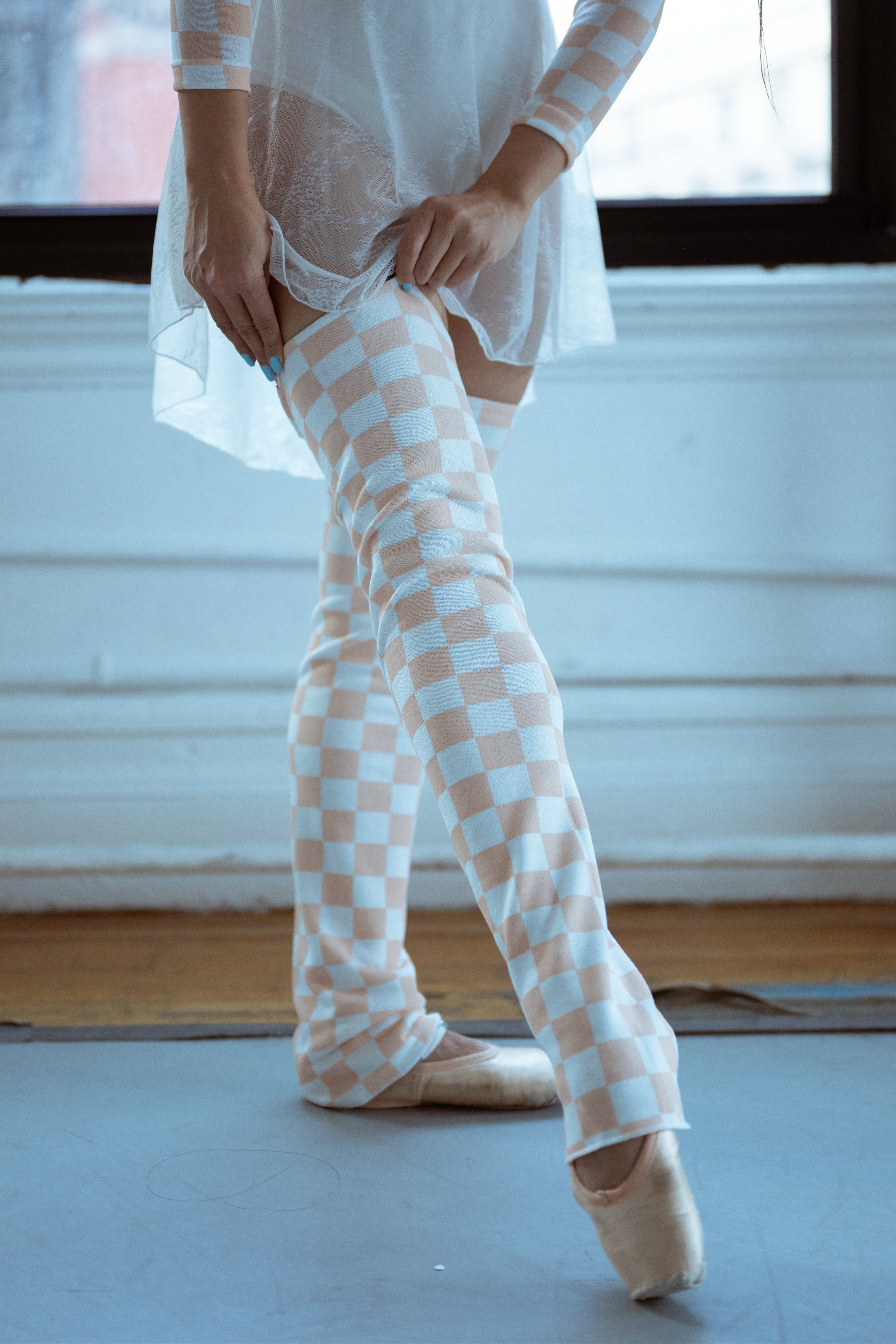 Checkered Reversible Legwarmers peach side