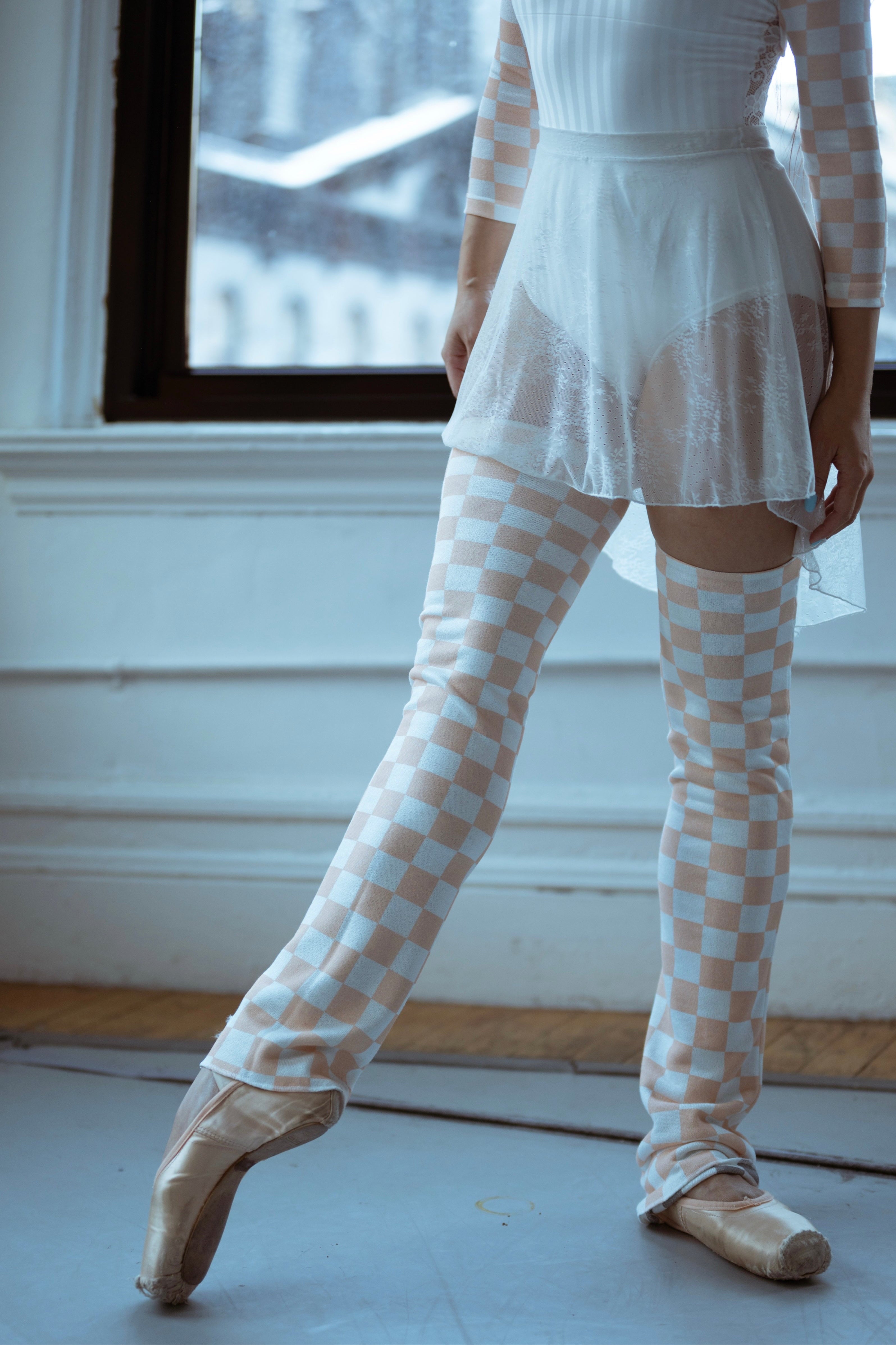 Checkered Reversible Legwarmers peach