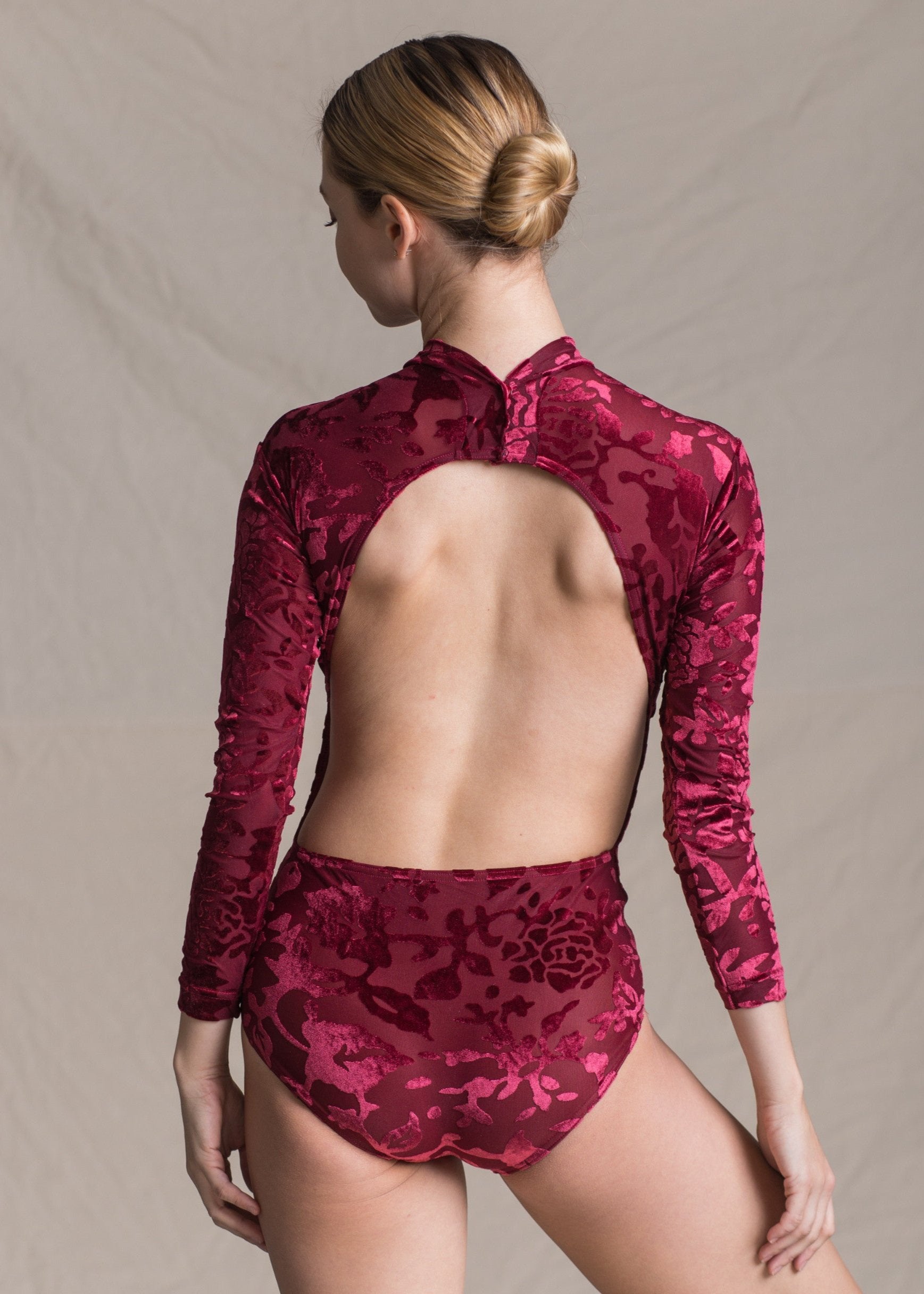 Doolittle Leotard - Floral Velvet Long Sleeves Leotard burgundy back